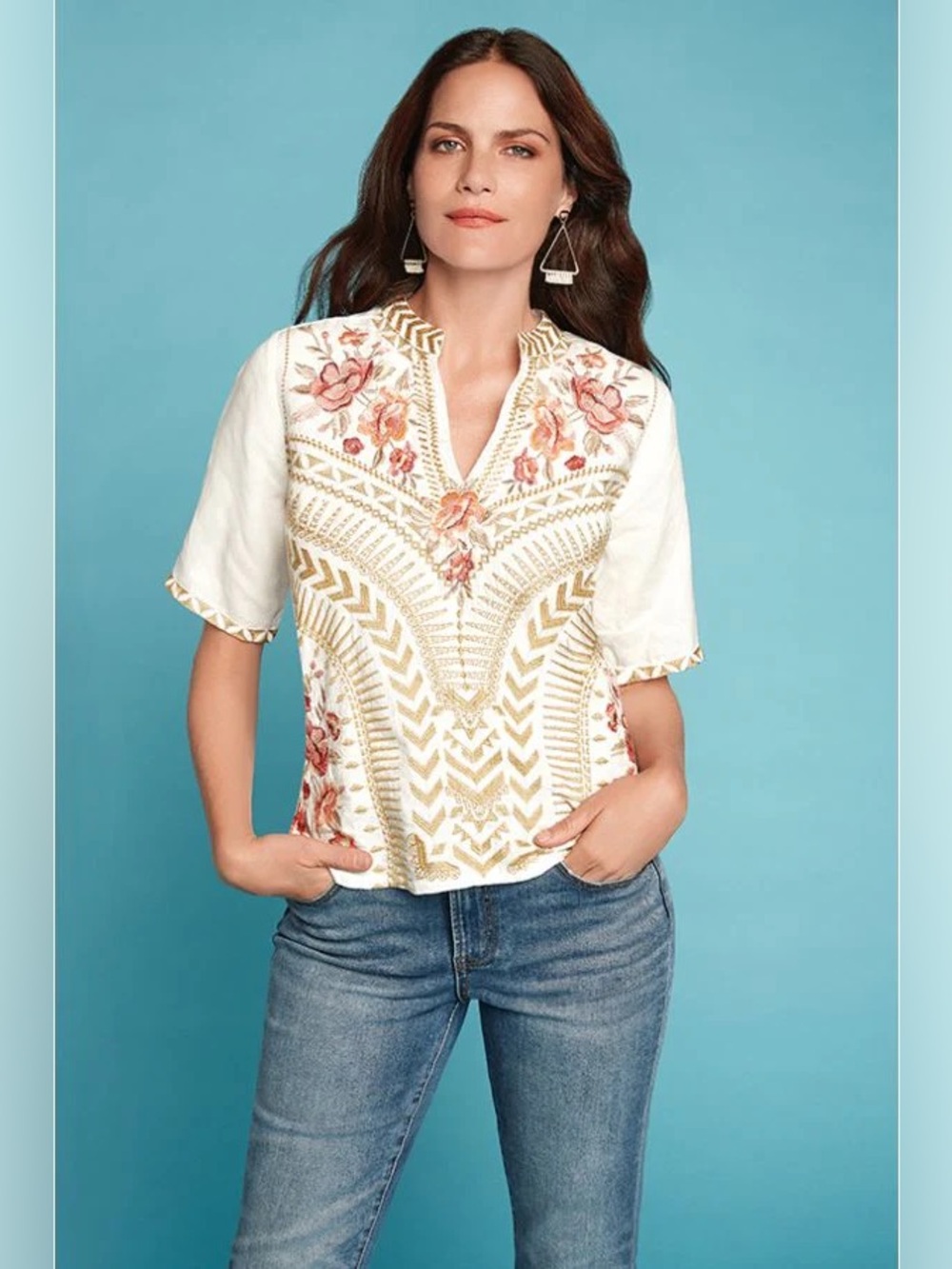 Johnny Was Rianne Embroidered White Floral V-Neck Women’s Top